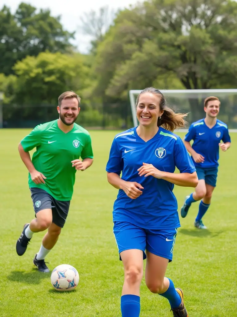 Adult members of FOOTBALL CLUB DE MONTENDRE participating in a friendly match, emphasizing fitness, camaraderie, and community engagement.