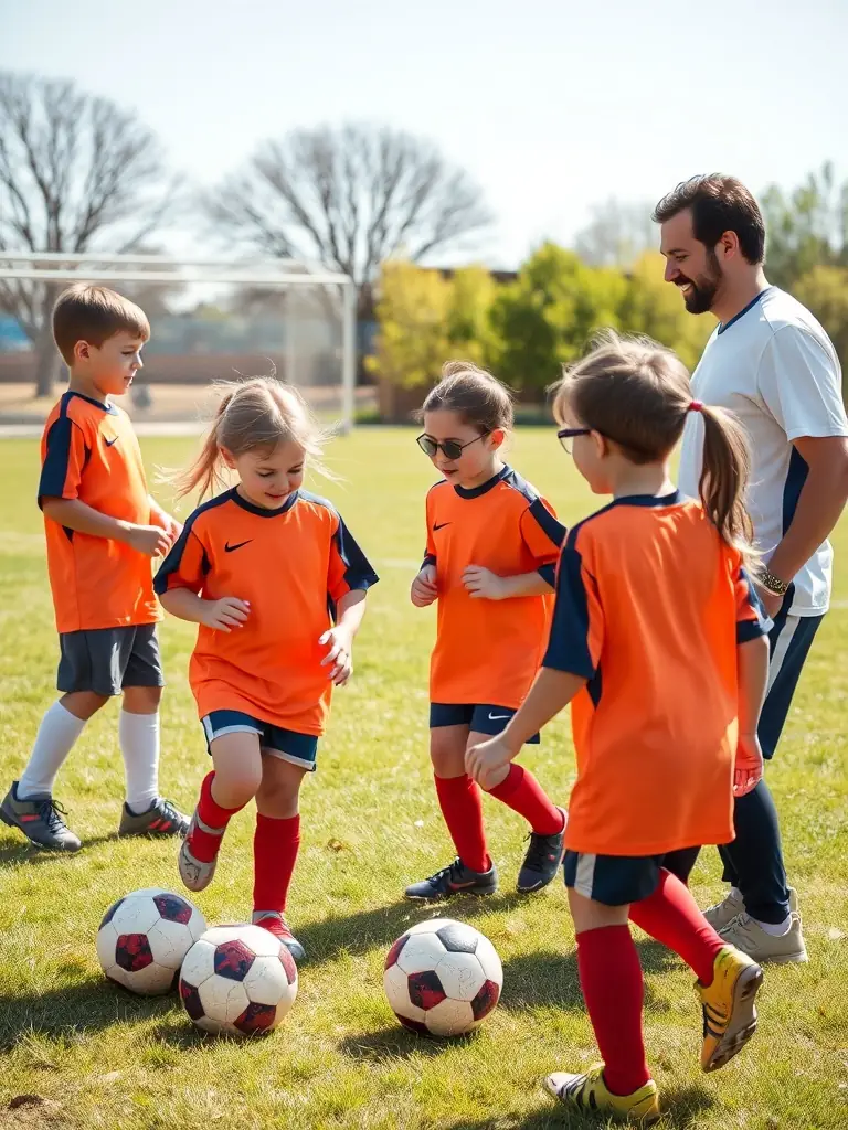 A group of young children in FOOTBALL CLUB DE MONTENDRE uniforms participating in a fundamental skills training session on a sunny day, focusing on dribbling the ball.