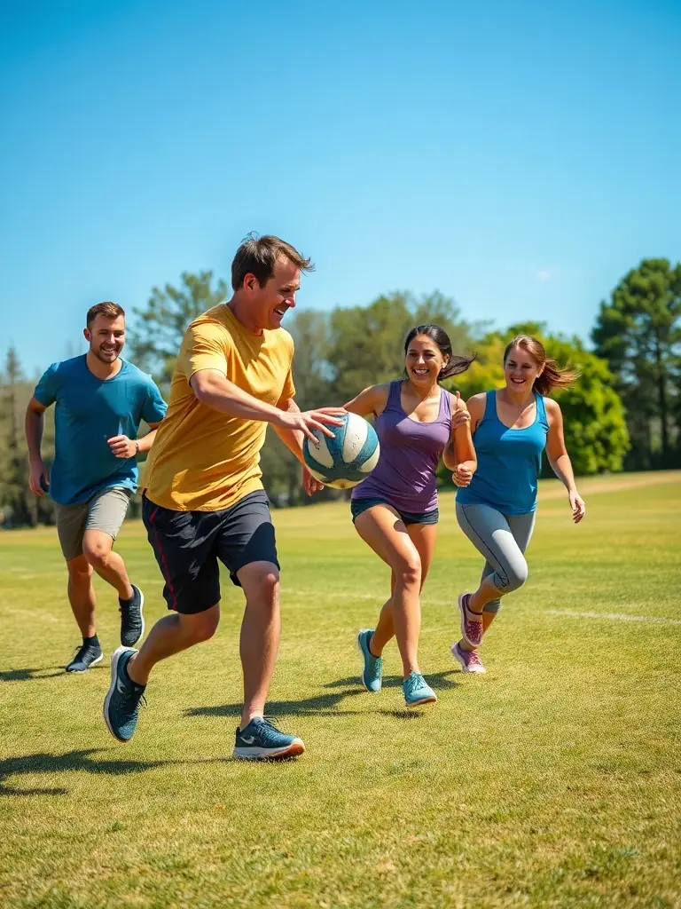 Adult members of FOOTBALL CLUB DE MONTENDRE engaging in a friendly football match, emphasizing fitness, camaraderie, and community involvement.