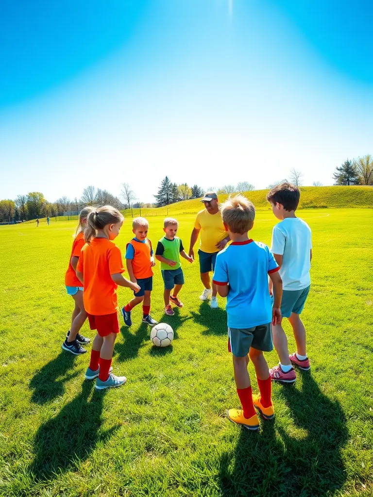 A vibrant image of young children participating in a football training session at FOOTBALL CLUB DE MONTENDRE, focusing on teamwork and basic skills, set against a sunny, green field.