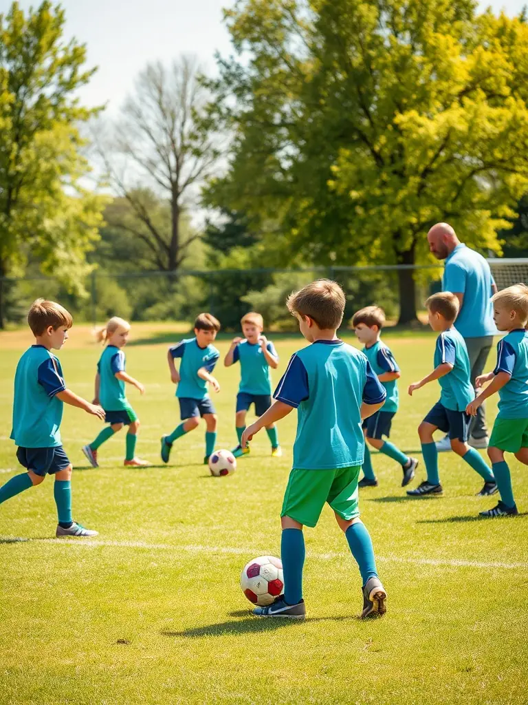 A group of young children in FOOTBALL CLUB DE MONTENDRE uniforms practicing football drills on a sunny field, focusing on teamwork and coordination.