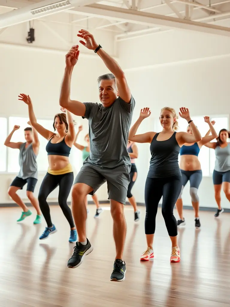 A group of diverse individuals participating in a physical education activity led by FOOTBALL CLUB DE MONTENDRE, emphasizing inclusivity and healthy lifestyles.