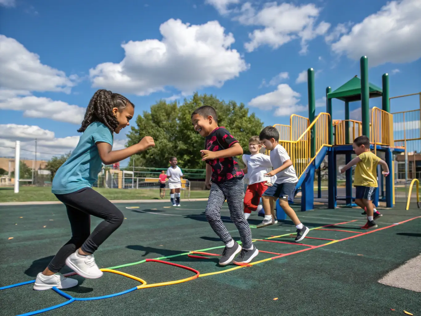 A group of children participating in a physical education session, highlighting the fun and engaging nature of the Physical Education Programs.