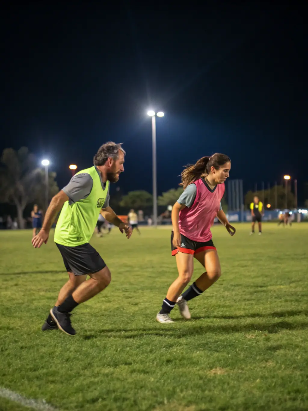 A dynamic shot of adult players engaged in a competitive football match organized by FOOTBALL CLUB DE MONTENDRE, showcasing the intensity and camaraderie of the game.