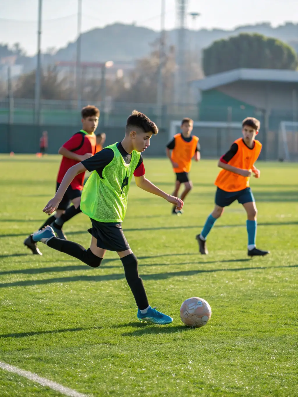 Teenage players from FOOTBALL CLUB DE MONTENDRE engaged in a competitive match, showcasing their tactical skills and teamwork under the guidance of a coach.