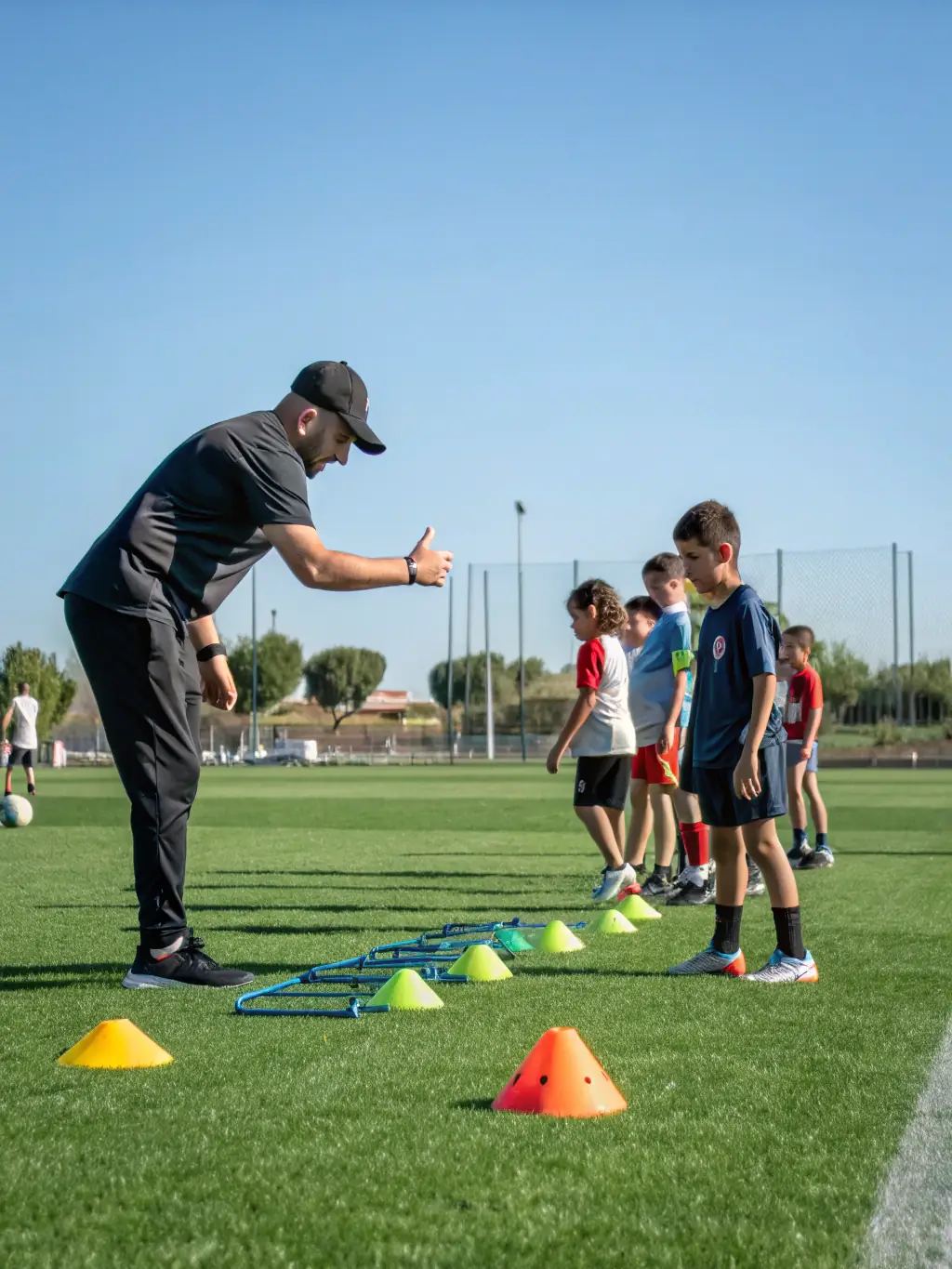 A coach from FOOTBALL CLUB DE MONTENDRE leading a specialized training session focused on improving players' agility and speed on the field.