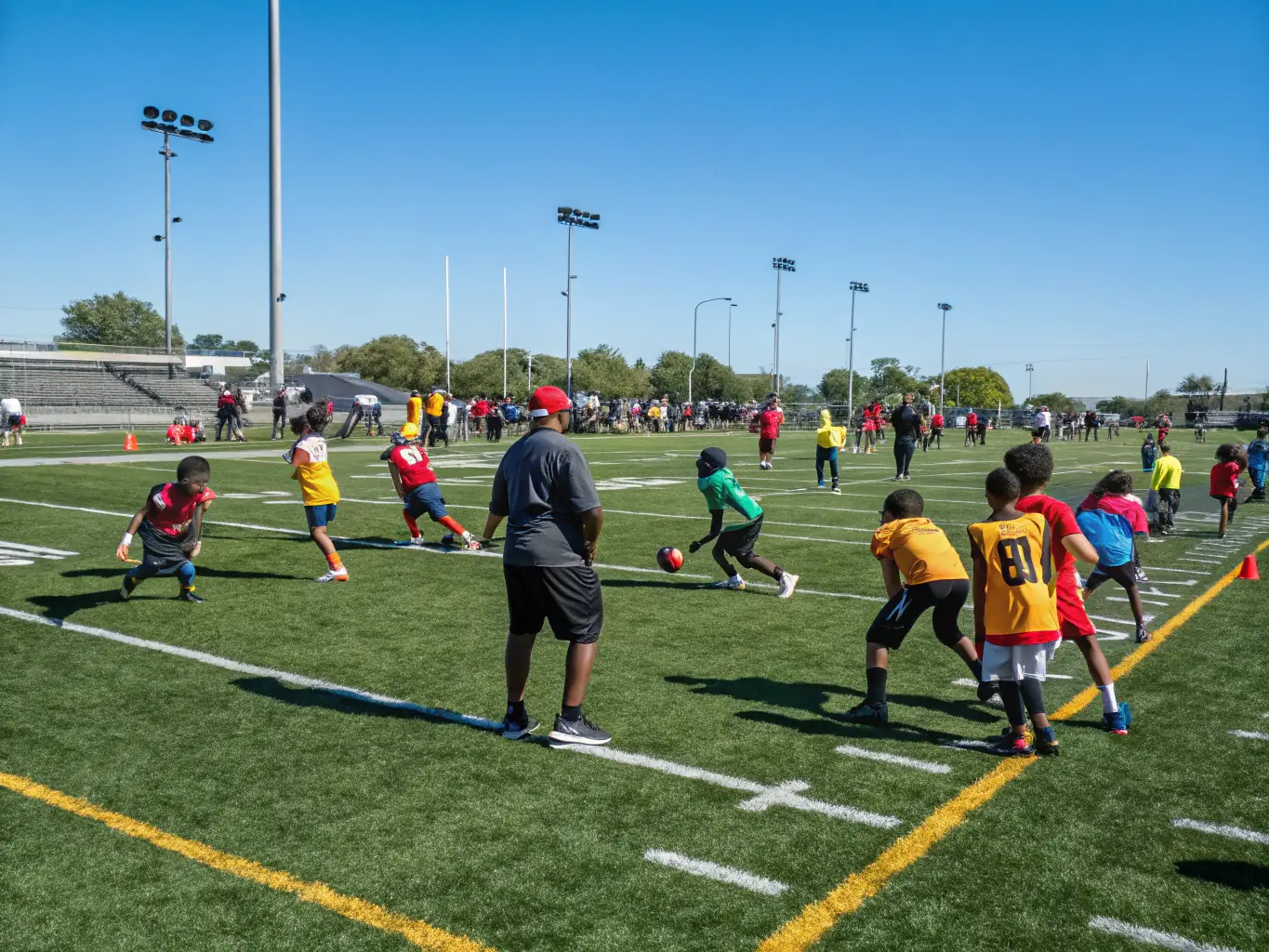 An image of young players practicing drills on a well-maintained football field, with coaches guiding them, showcasing the Football Training Programs.